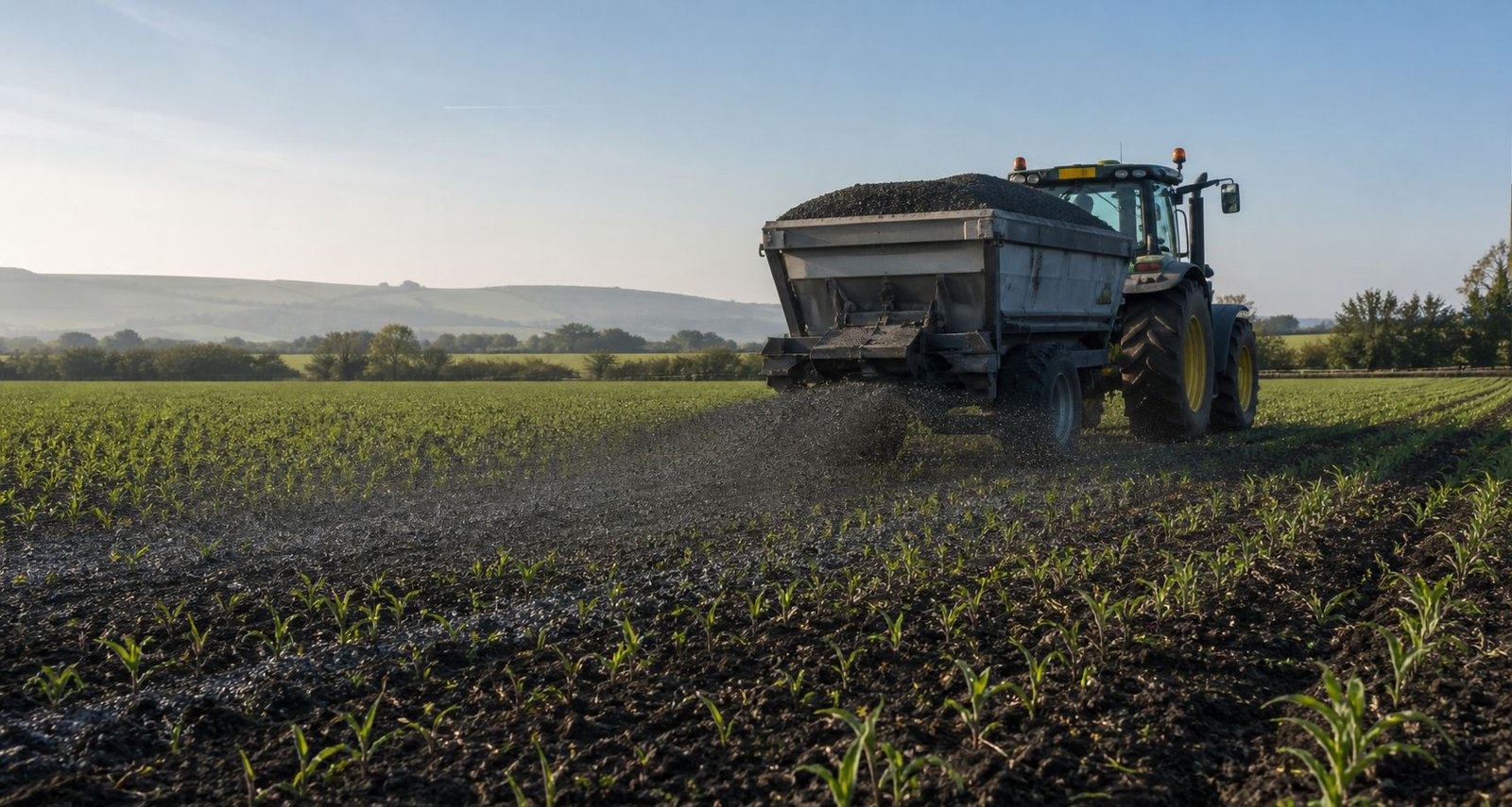 A tractor-drawn hopper spreading dark crushed basalt in an arc across a field of young maize seedlings at first light, grains scattering over the tilled soil between the rows.