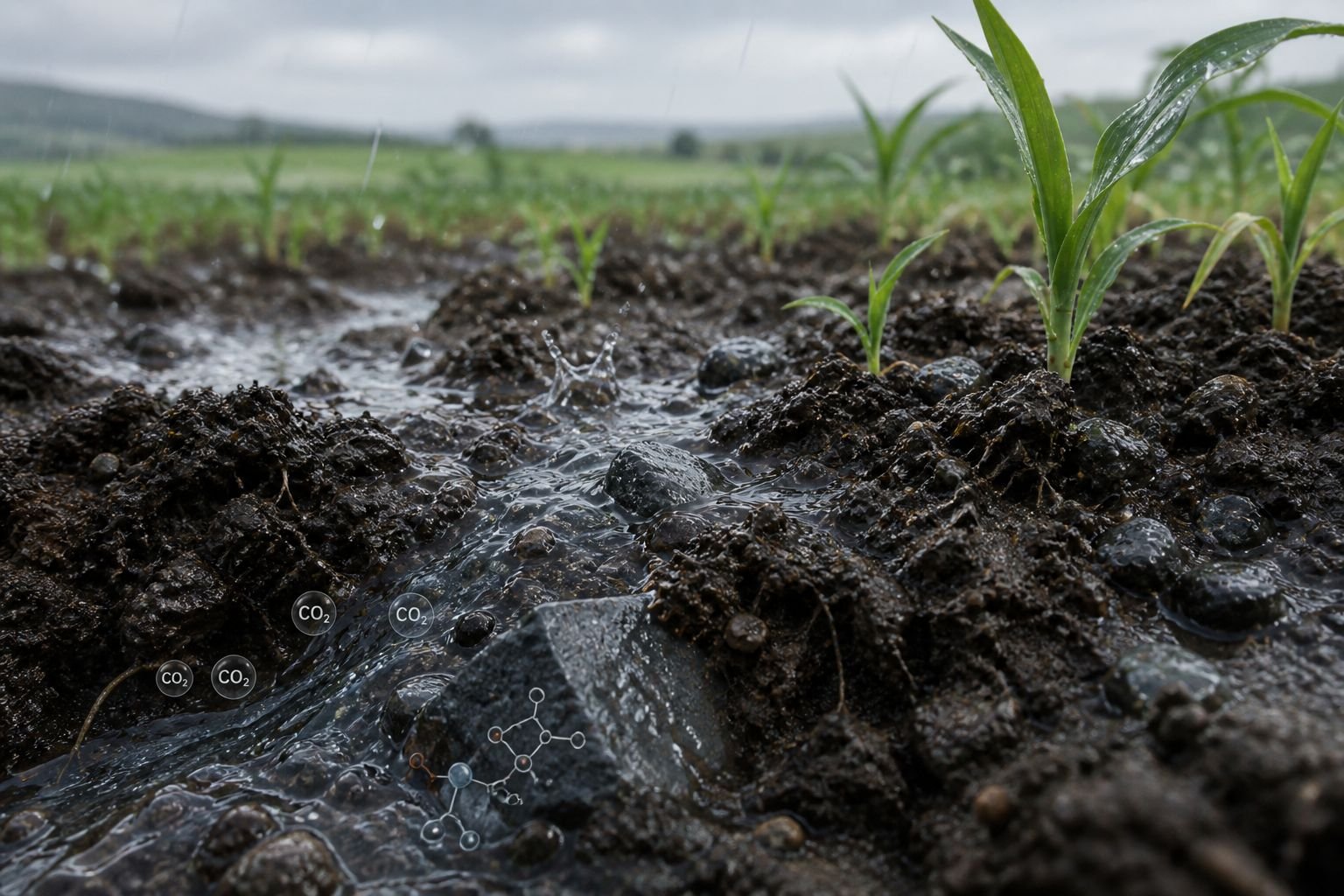 Ground-level view of rain running between rows of maize seedlings, pooling around wet basalt fragments in the soil. Small CO₂ labels and a carbonic-acid molecular diagram are overlaid on the water.