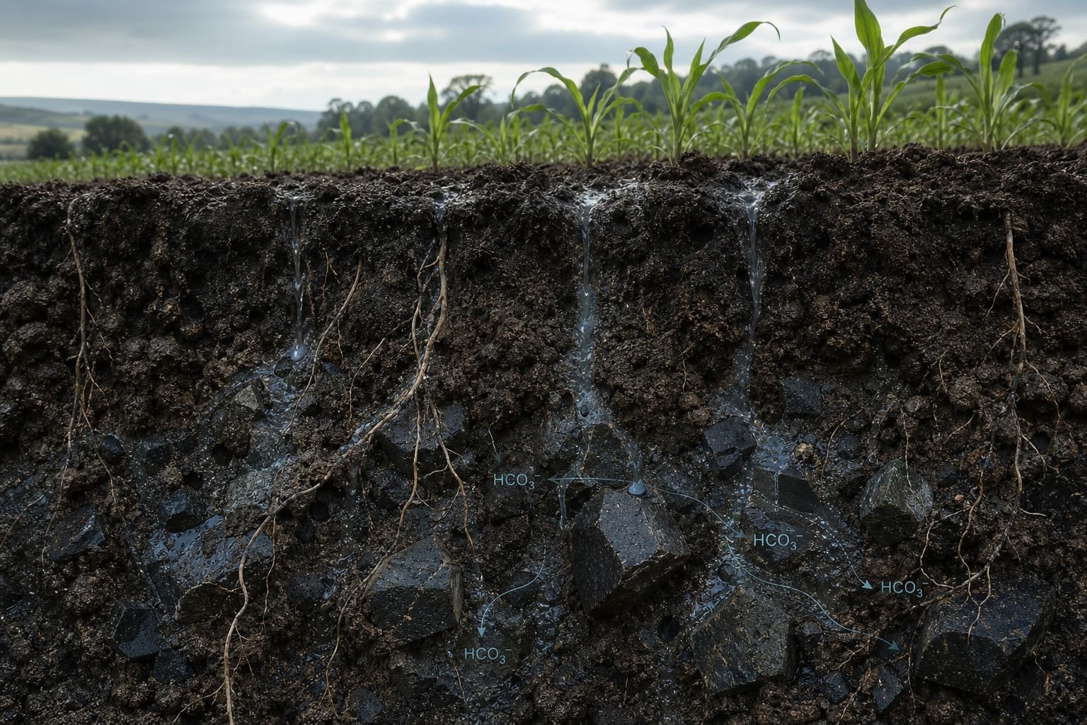 A cutaway soil profile beneath a row of maize, showing water percolating down past roots and angular basalt fragments. Overlaid arrows labelled HCO₃⁻ trace the dissolved bicarbonate moving downward through the horizon.