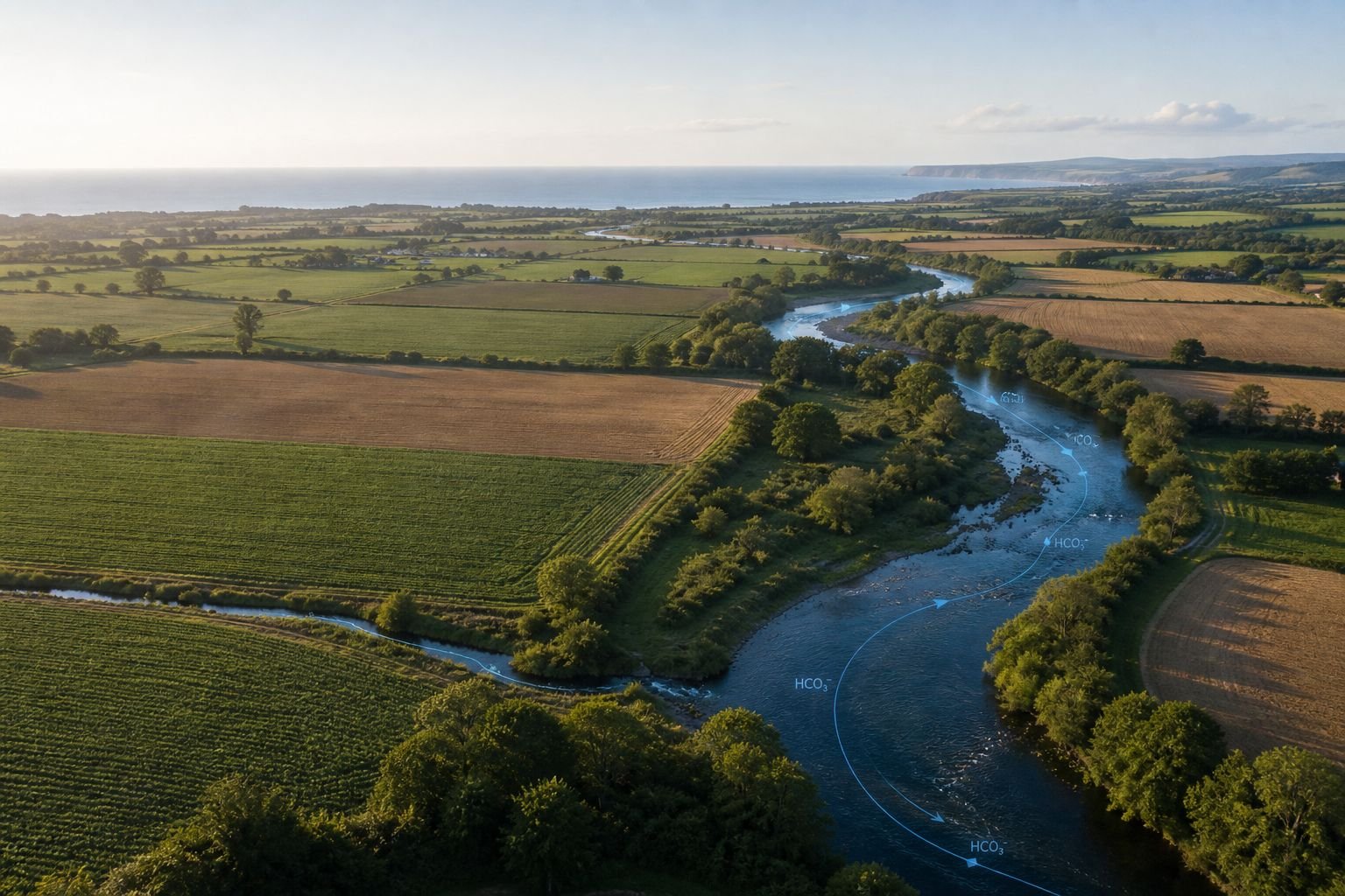 Aerial view of a river meandering through a patchwork of cropped and harvested fields towards the sea on the horizon. Overlaid arrows labelled HCO₃⁻ follow the channel downstream to the coast.