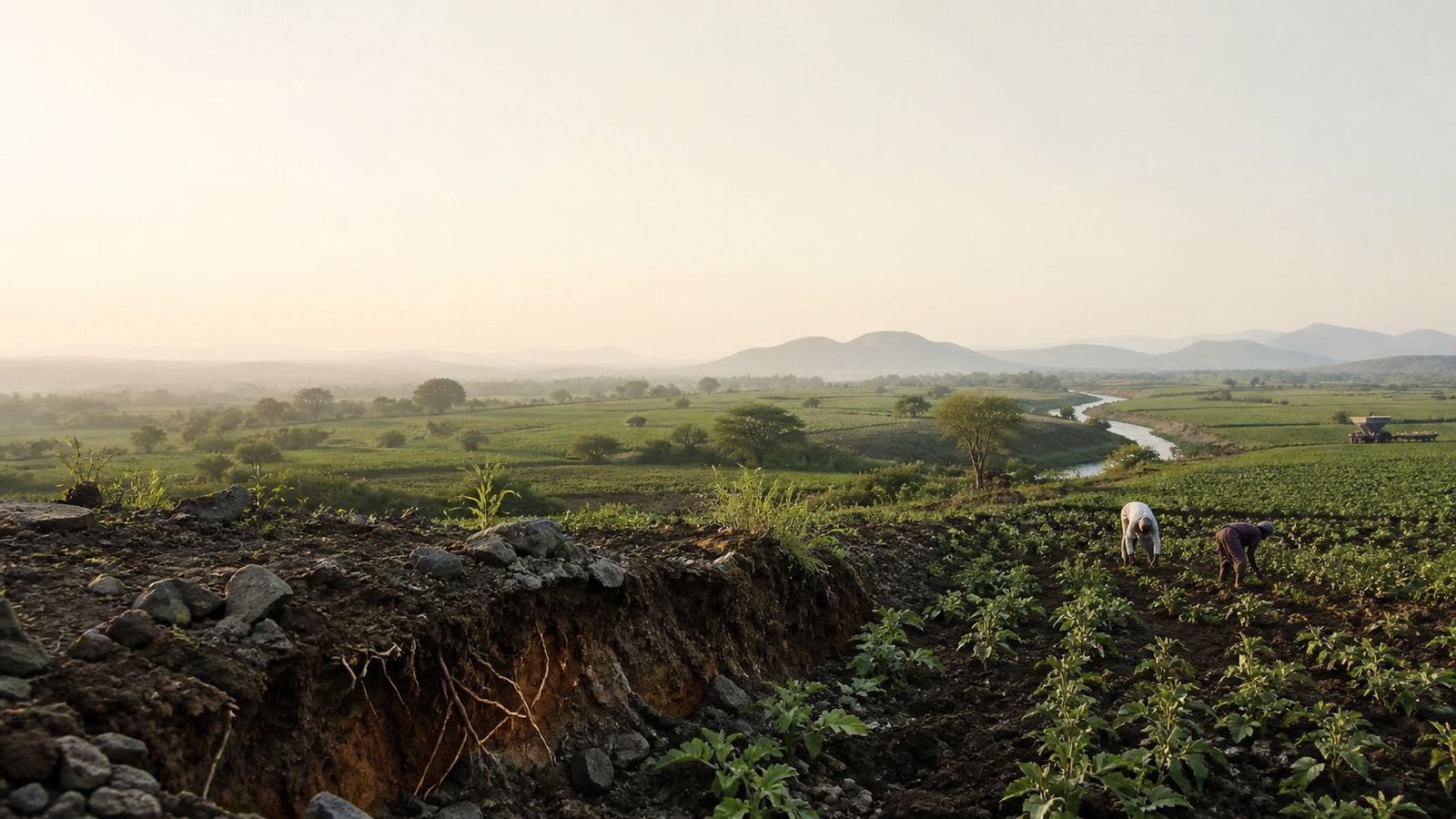Farmland at first light. In the foreground a cut bank exposes the soil profile in section — dark tilled topsoil over reddish subsoil, threaded with roots and studded with weathered basalt cobbles. Two farmers work a row crop on the right; beyond them the fields flatten out to a river meandering between hills.