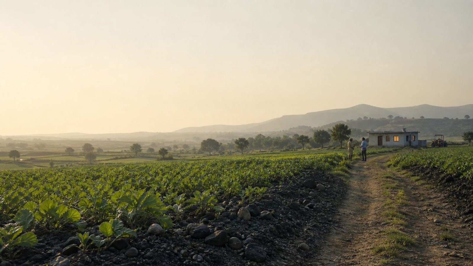 Two people talking beside a farm track at the edge of a young leaf crop, a small flat-roofed field building and a tractor behind them. Crushed dark rock lies scattered across the bare soil between the rows; the fields run out to low hills in the haze.