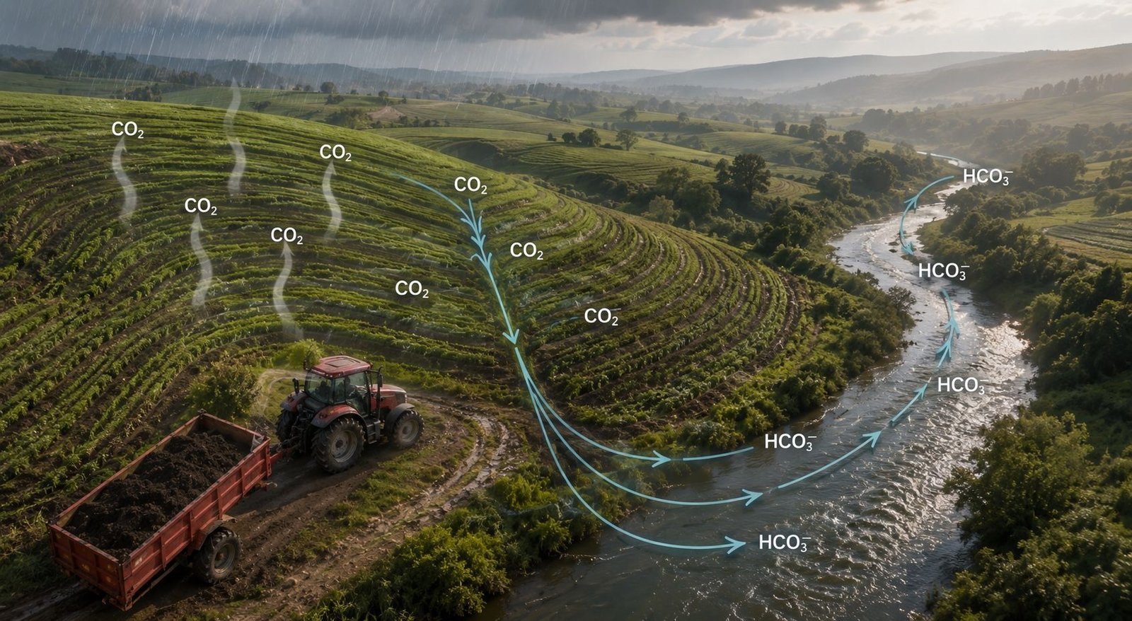 Aerial view of contour-ploughed hillside farmland under rain, a tractor towing a trailer of crushed basalt along the field edge, and a river running through the valley below. Annotations trace CO₂ moving from the air into the soil and leaving as bicarbonate carried downstream.
