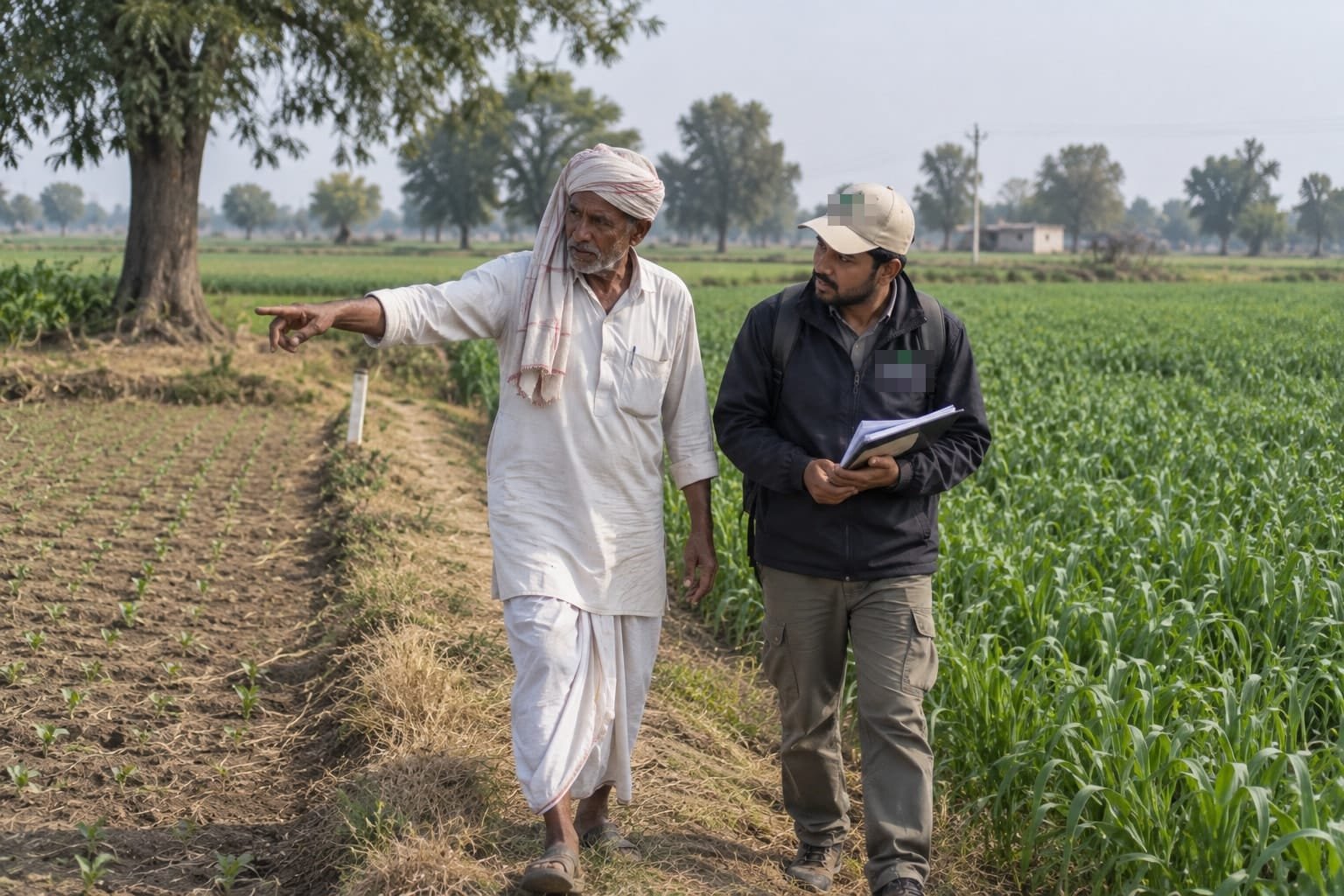 An elderly farmer in a white dhoti and headscarf walking a grass field boundary with a younger field worker carrying a notebook, the farmer pointing across a newly sown plot as they talk; a tall green crop stands on the other side of the path and trees line the horizon.