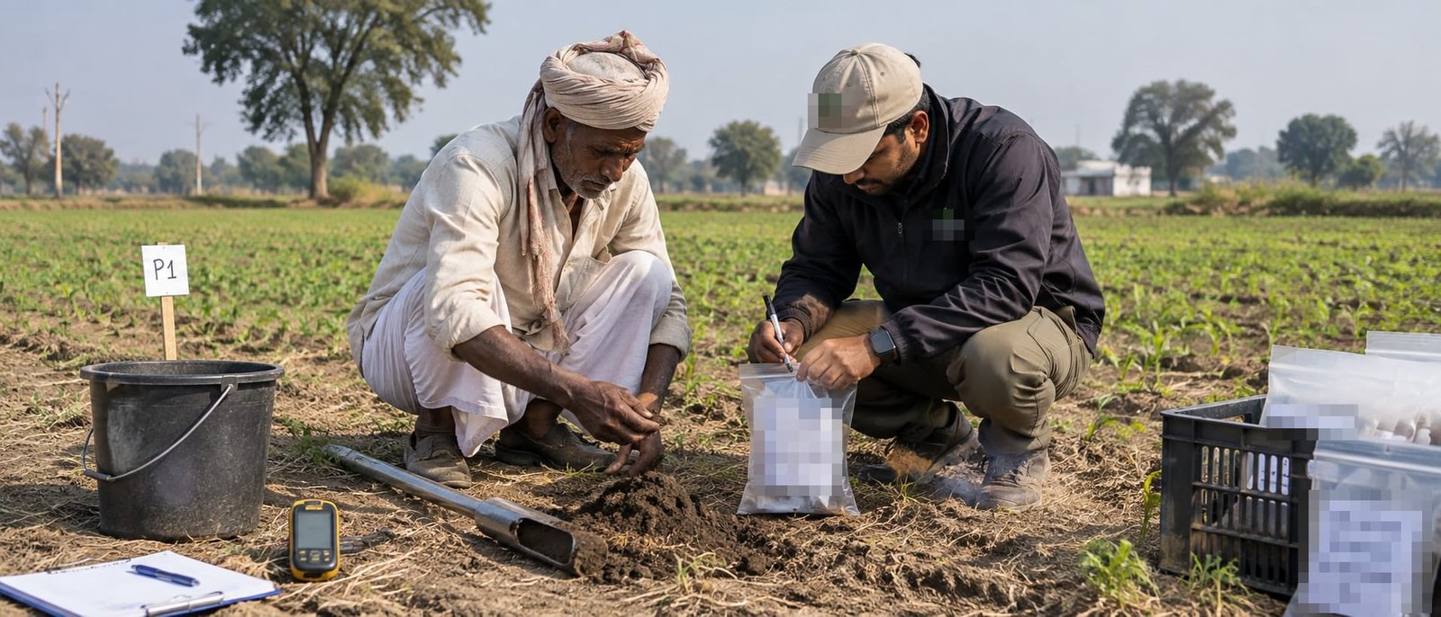An elderly farmer in a turban and a field technician in a cap crouched together on a freshly sown plot. The farmer works a handful of dug soil beside a soil sampling tube while the technician writes on a sample bag; a bucket, a plot stake, a handheld GPS unit, a clipboard and a crate of filled sample bags lie around them. Label text is obscured.