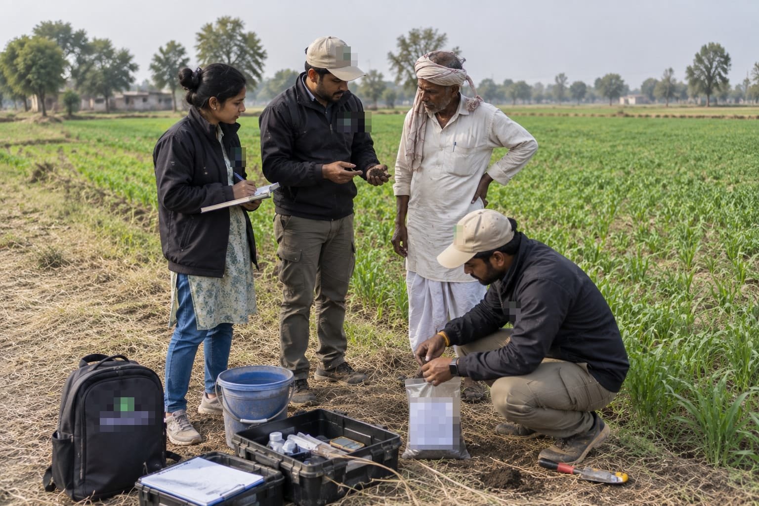 Three field workers with a farmer at the edge of a young crop. A woman takes notes on a clipboard while a man shows the farmer a handful of soil; a third crouches to fill a sample bag beside an open equipment case, a bucket and a backpack. Logos and labels are obscured.