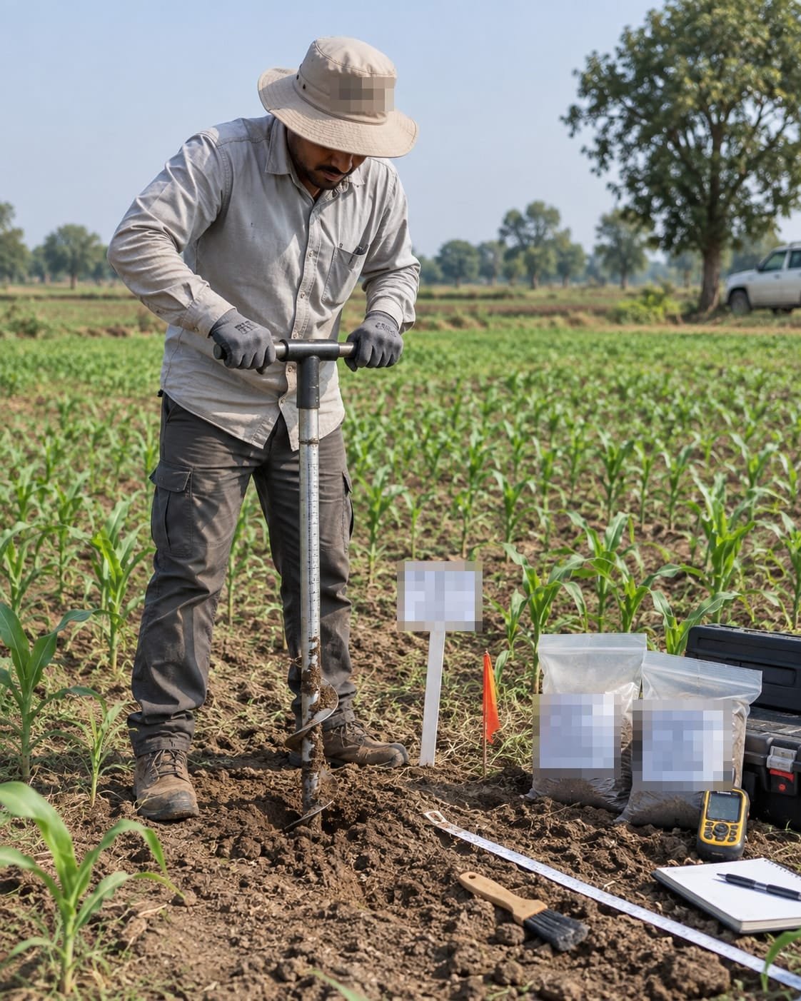 A field technician in a hat and work gloves driving a hand soil auger into bare soil between rows of young maize. Beside him, a marker stake, an orange flag, two labelled soil sample bags, a handheld GPS unit, a measuring tape, a brush and a notebook; sample labels are obscured.
