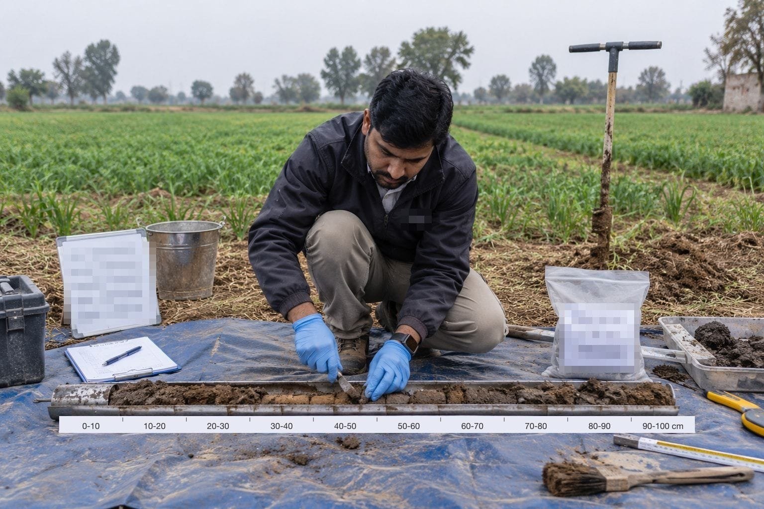 A field scientist in blue gloves kneeling on a tarpaulin at the edge of a young wheat field, working a knife along a soil core laid open in a split steel tube, with a depth strip marked in 10 cm intervals from 0 to 100 cm beneath it. A hand auger stands in the soil behind; a sample bag, a tray of soil, a bucket, a clipboard and a whiteboard sit around the tarpaulin, their labels obscured.