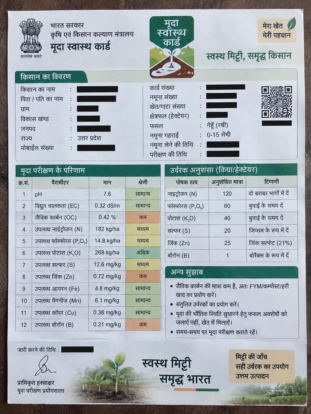 Layout mock-up of a Soil Health Card in Hindi in the Government of India format: farmer details redacted, a table of twelve soil test results with colour-coded ratings, fertiliser recommendations in kilograms per hectare, and suggestions. The values shown are placeholders, not a real test.