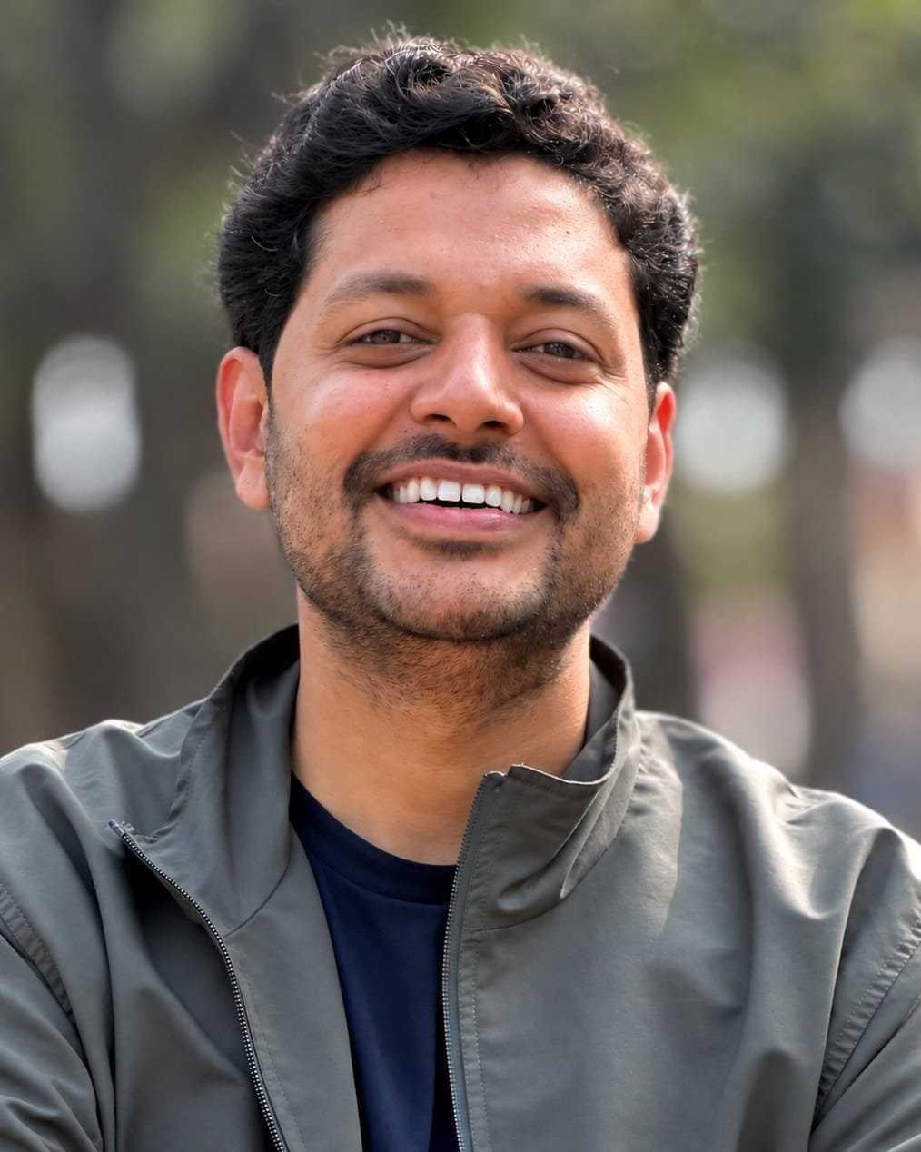 Shaifullah outdoors in daylight, smiling towards the camera in an olive jacket over a navy shirt, a line of trees blurred behind him.